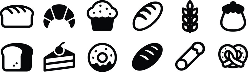 Black Vector Silhouettes of Bakery and Pastry Icons – 20 Delicious Dessert and Bread Symbols on White Background