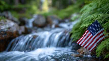American flag before a forest waterfall in vibrant nature