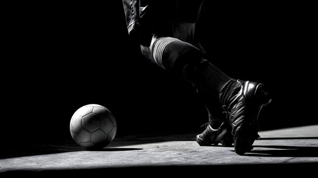 A dramatic black and white image of a soccer ball and a player's foot about to kick it - Powered by Adobe