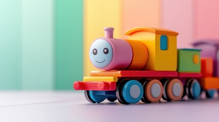 Fototapeta premium Colorful wooden train toy on a vibrant background showcases playful design and cheerful aesthetics, perfect for children's play and decoration in a cozy living space