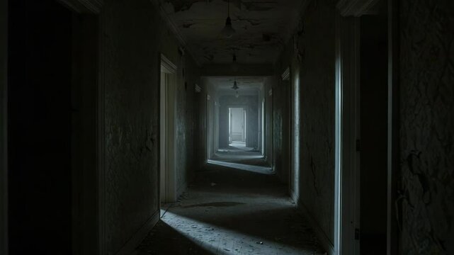 "Empty abandoned house, eerie footsteps echoing, supernatural atmosphere, creating a chilling horror vibe, perfect for spooky and thriller content."