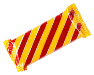 Striped candy wrapper, red and yellow, isolated on transparency background, sweet snack packaging, cheerful and playful, plastic material, rectangular shape