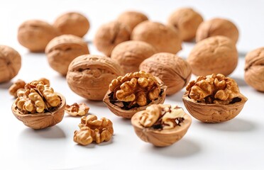 walnuts on white background, close of walnut kernels, open walnut kernels