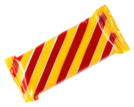 Striped candy wrapper, red and yellow, isolated on transparency background, sweet snack packaging, cheerful and playful, plastic material, rectangular shape