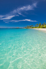  Idyllic Maldives tropical resort beach with palm trees, white sand, sunny blue sky, peaceful nature landscape, perfect paradise island for summer vacation, travel, relaxation, and tropical getaway