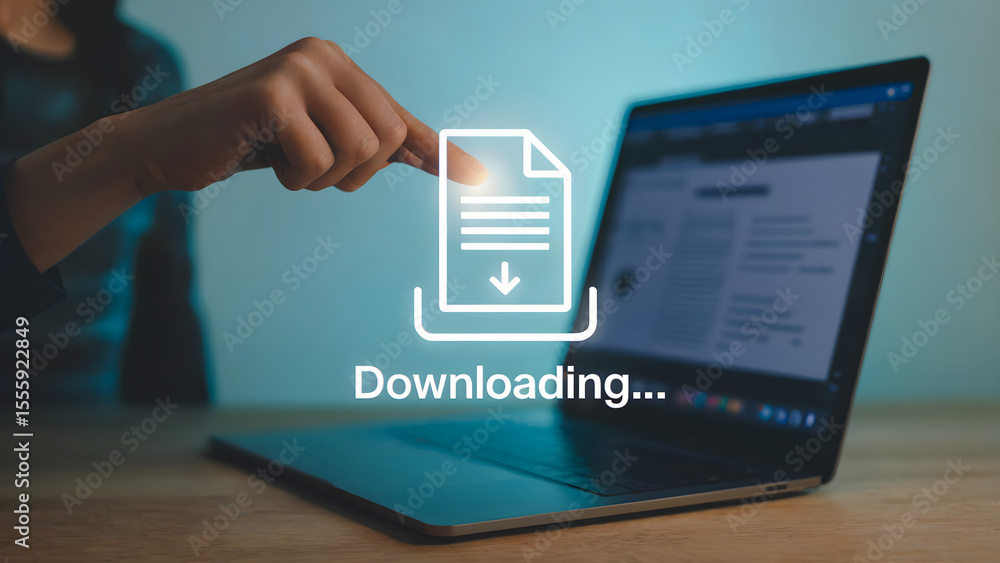 Poster downloading process on a modern laptop computer represented by a file icon and download arrow, depic