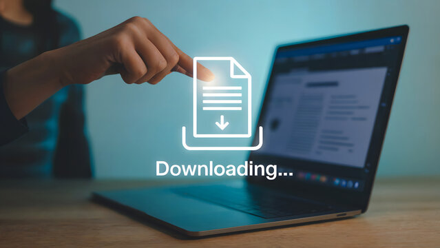 Downloading process on a modern laptop computer represented by a file icon and download arrow, depicting data transfer and online information access.