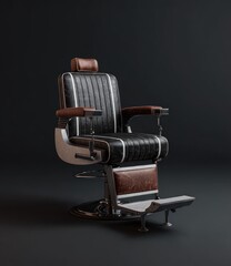 Vintage barber chair, black leatherette with brown accents, chrome base, adjustable footrest against dark background