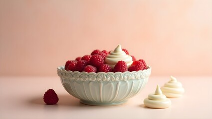 Ivory Bowl of Plump Raspberries with Smooth Cream Against Soft Pastel Background in Morning Light for National Frozen Custard Day