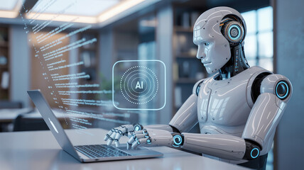 Humanoid robot with glowing blue accents typing on a silver laptop with floating code and A I interface