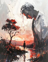 Expressionist dark artwork, rough brushstrokes, only black and deep red tones