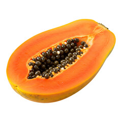 Open papaya fruit half with visible seeds isolated on white for healthy tropical diet and fresh snack ideas
