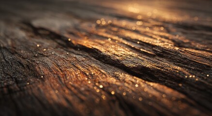 Golden-hued sparkles dust richly textured dark wood grain, shallow depth of field highlighting surface details