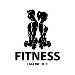 Fitness vector logo, Man and Woman Lifting Dumbbells Silhouette.