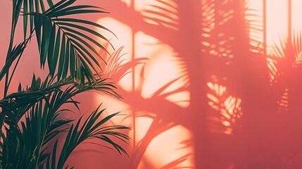 Tropical Palm Leaves Shadow on Coral Wall Background