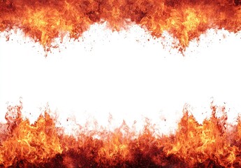 Fiery orange and red flames frame a stark white center, creating a dramatic, symmetrical border
