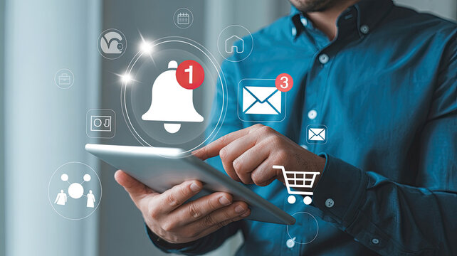 Man in blue shirt using tablet with digital notifications and icons technology bell
