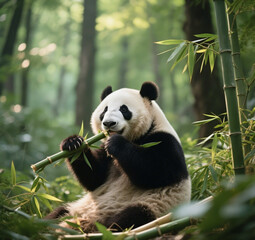 Obraz premium A panda eating bamboo in the forest.