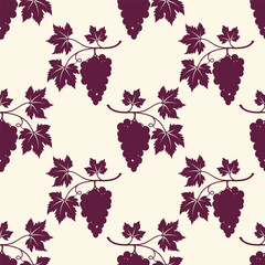 Pattern of bunches of ripe grapes, grapevine with burgundy berries, silhouette of grapevine on cream background.