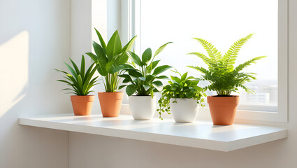 Fototapeta premium Sunlit Windowsill with Lush Greenery: Four Potted Plants in Modern Minimalist Setting