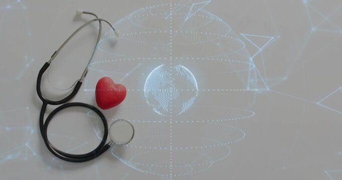 On start dots forming globe, rings orbiting beside stethoscope and heart, visualizing health