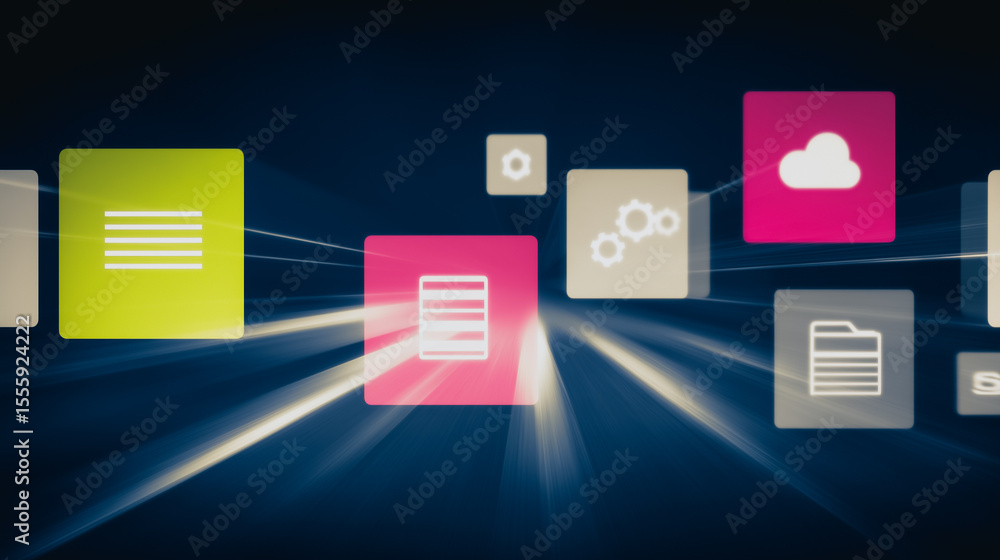 Poster digital icons: abstract graphical representation of software apps or digital elements, arranged to e