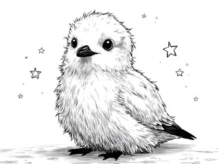 Fototapeta premium A fluffy white baby bird with black eyes stands surrounded by stars in a whical ink drawing art piece.