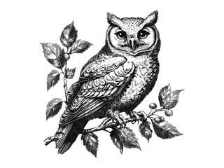 Retro forest motif, vintage owl engraving, autumn bird in hand-drawn black sketch, old engraving style, seasonal woodland decor, rustic wildlife art, nature-inspired illustration