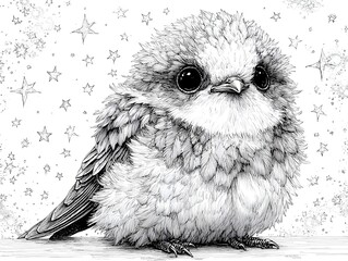 Fototapeta premium An adorable fluffy baby bird with big black eyes sits amidst shimme stars in a pencil sketch drawing.