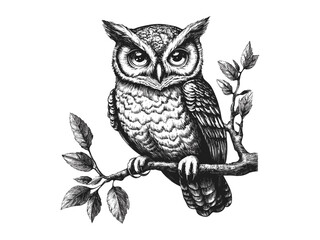 Vintage autumn owl engraving, retro forest bird, hand-drawn black sketch style, old engraving style, seasonal nature decor, rustic wildlife illustration, woodland art print