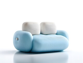 A modern blue loveseat with two white pillows is displayed on a seamless white background in studio shot.