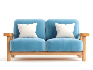 Fototapeta premium A comfortable light blue loveseat with wooden frame and white pillows sits against a clean white background.