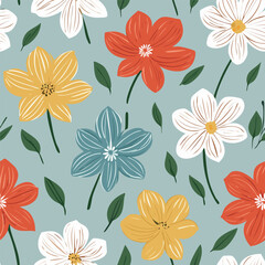 Hand-drawn Floral Seamless Pattern with Daisies and Leaves – Vintage Botanical Design