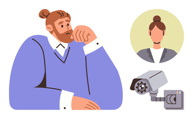 Thoughtful man rests hand on chin while watching a security camera and female employee profile. Ideal for themes of workplace surveillance, monitoring, decision-making, privacy, data analysis