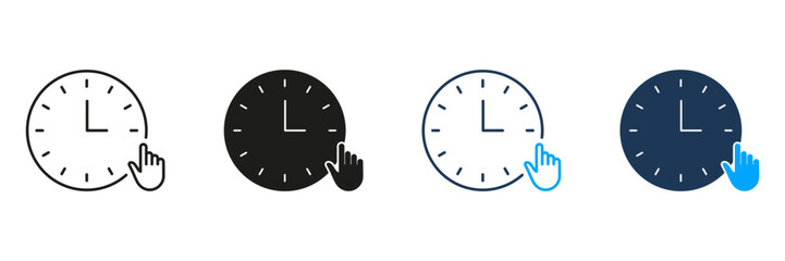 Clock With Hand Pointer Line And Solid Icon Set. Time Management, Scheduling, And Digital Interaction Symbol Collection. User Interface And Online Appointment Concept. Isolated Vector Illustration