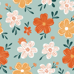 Hand-drawn Floral Seamless Pattern with Daisies and Leaves – Vintage Botanical Design