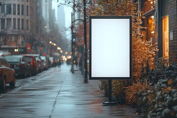 Blank Billboard on Wet City Street with Autumnal Foliage and Bok