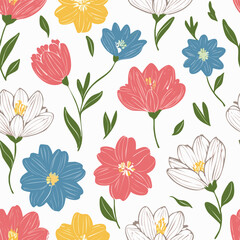Hand-drawn Floral Seamless Pattern with Daisies and Leaves &ndash; Vintage Botanical Design