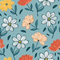 Hand-drawn Floral Seamless Pattern with Daisies and Leaves &ndash; Vintage Botanical Design
