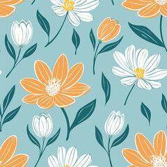 Hand-drawn Floral Seamless Pattern with Daisies and Leaves – Vintage Botanical Design