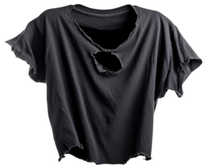 Distressed black t shirt with torn neckline and holes, isolated on transparency background, casual fashion, grunge style, worn fabric, urban streetwear