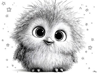 Adorable fluffy cartoon owl with big expressive eyes stands amongst twinkling stars in a sketch drawing.