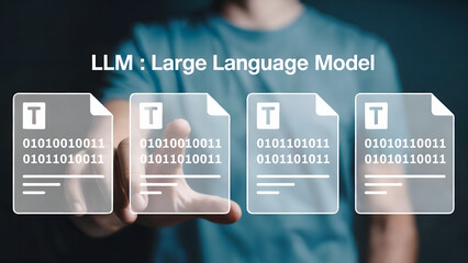 Man interacts with LLM, Large Language Model, digital data represented as file icons highlighting artificial intelligence, machine learning, and modern computing.