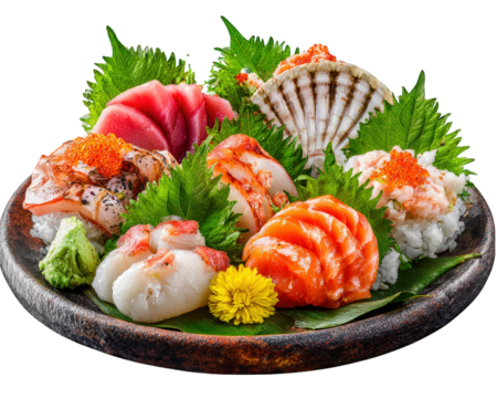 Assorted sushi and sashimi platter with fresh seafood including tuna salmon scallop shrimp and garnished with shiso leaf wasabi and edible flower isolated on transparency background - Powered by Adobe