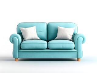 Fototapeta premium Isolated turquoise loveseat with white pillows sits on a clean white background in a studio setting nicely.