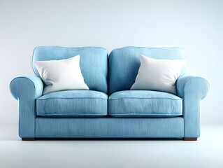 Obraz premium Light blue contemporary loveseat with white throw pillows displayed against a bright neutral backdrop setup.