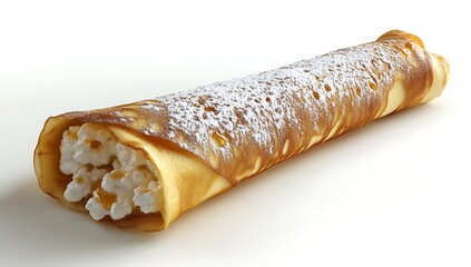 A crepe filled with cream cheese, lightly sprinkled with powdered sugar and topped with caramel sauce.