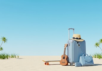 Perfect beach with suitcase, skateboard, and ukulele under bright blue sky