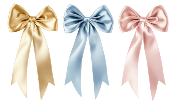 Three Satin Bows In Gold Blue And Pink isolated on a transparent background
