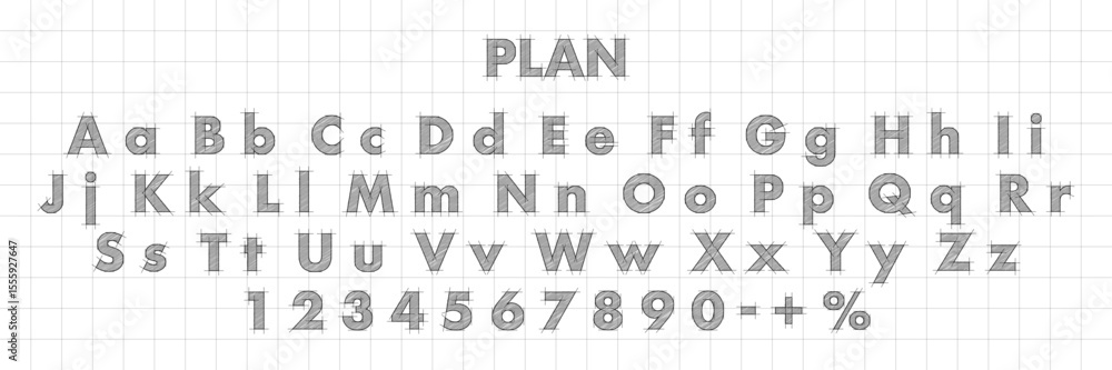 Fototapete blueprint font. architectural typeface. technical drawing alphabet with geometric construction guide